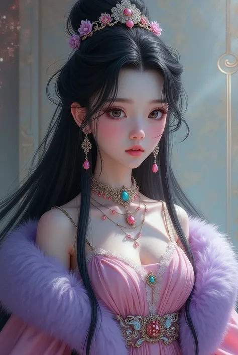 Ancient girl with long black hair, half of her head tied up in a high bun, wearing jewelry, wearing a pink dress with wide sleeves, wearing a light purple fur collar coat