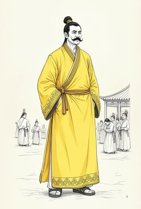 a qing dynasty man with ancient yellow deel and has mustache and seeing religion festival simple pencil only 10 line drawing