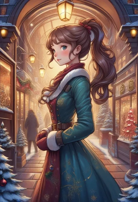  Christmas Themed Clothes 、 Ponytails Christmas Accessories 、 Adorable Young Women Dressed in Art Nouveau Style、By Dan Mumford 、 By Leonardo Da Vinci 、 dynamic light and shadow 、An ultra-realistic image of digital art representing everything from head to t...