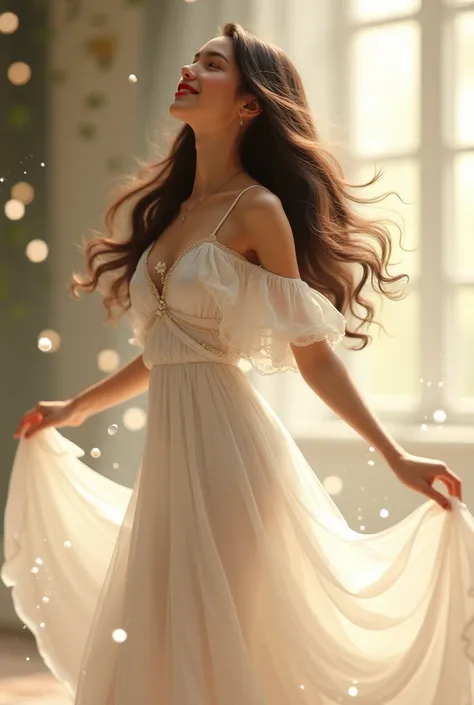 The woman in the white dress ,  is looking up and there are pearls around her, Italian girl and long hair are dancing