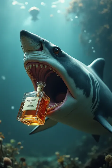 Parfume bottle eat by shark