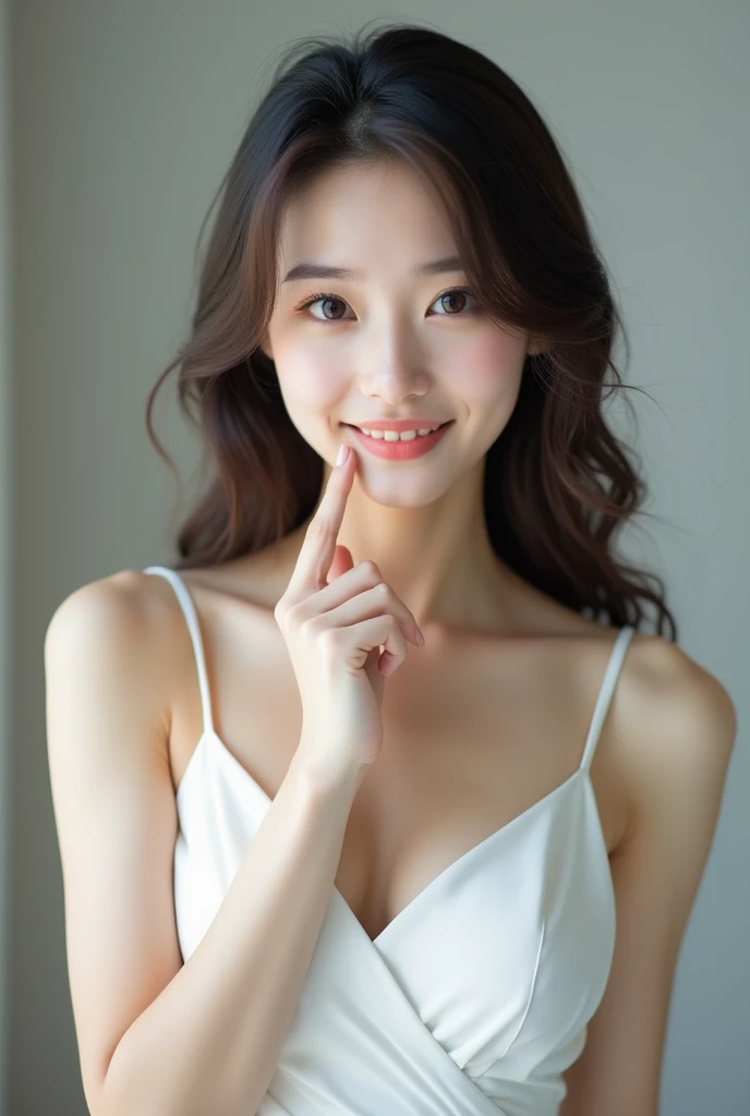  beautiful Korean girl , Big Breasts , white dress - , touch your mouth with your finger、Looking at the front