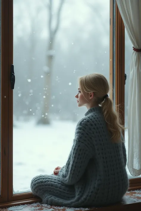 Blond girl in gray sweater facing back sitting in front of big window watching street as snow falls 