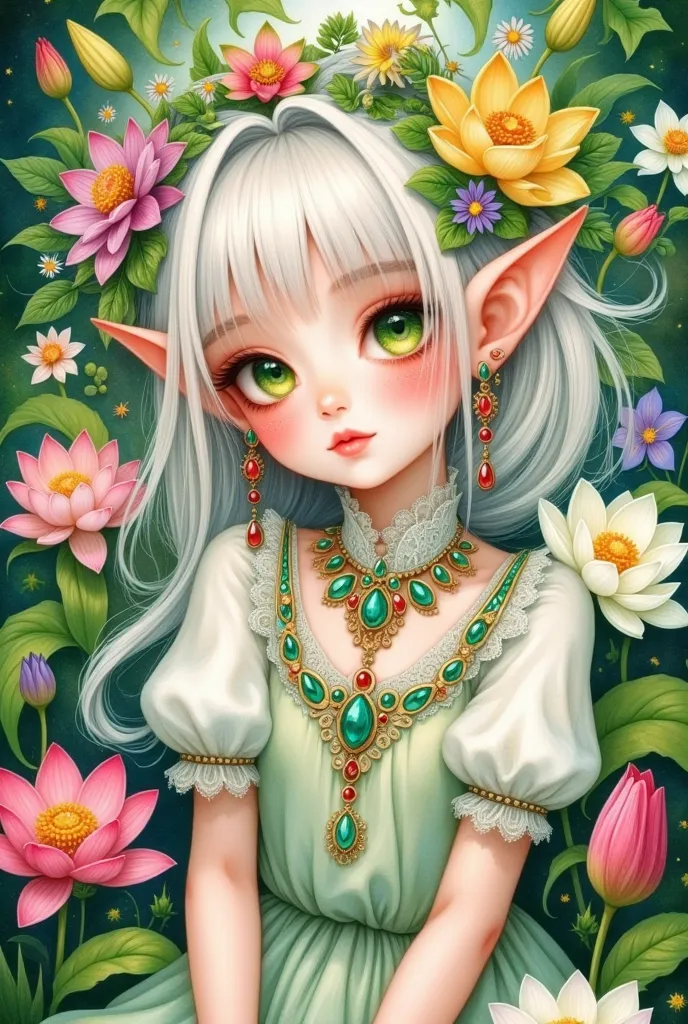 1 girl,, bangs,flower束,brooch,茶flower,daisy,earrings,elf,eyelash,nail,flower,gem,grass, green eyes,holding flower,jewelry,leaf,l...