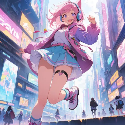  2 girls,(((Best Quality、masterpiece、Official Art、 best dynamic composition 、Super detailed)))、Anime Magical Girl、 Cyberpunk、hooded cloak 、Headphones on head、Idol clothes、 Cyberpunk、White long boots、