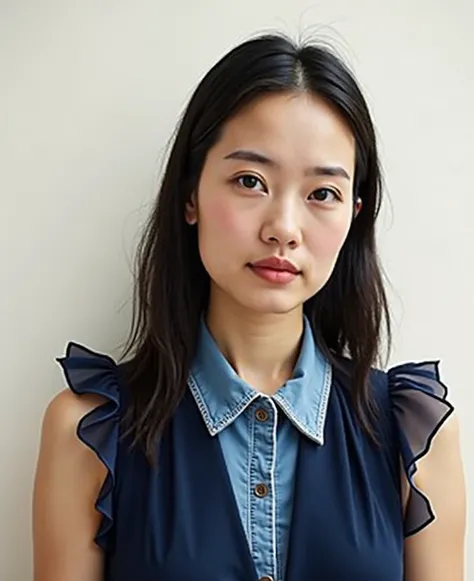 30-year-old woman in navy blue dress, collar image from the waist up