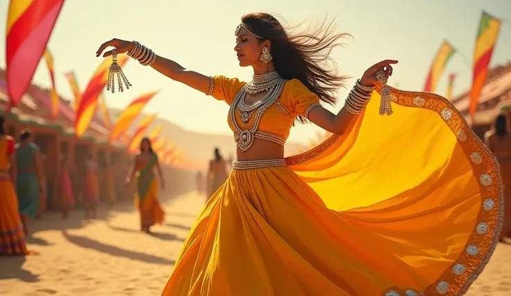 
"A radiant Indian woman performs a traditional-meets-modern dance in the middle of a desert festival. She’s dressed in a vibrant yellow lehenga choli with mirror work and tassels, adorned with silver jewelry and bangles. The golden dunes stretch endlessly...