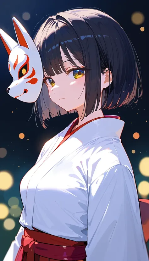 nai3, close up, masterpiece, best quality, bokeh, cute, score_9, score_8_up, score_7_up, 1girl, short hair, reverse bob cut, black hair, miko, fox mask, mask on, Japanese clothes, kimono, white kosode, white kimono, red hakama skirt, sleeves past wrists, u...