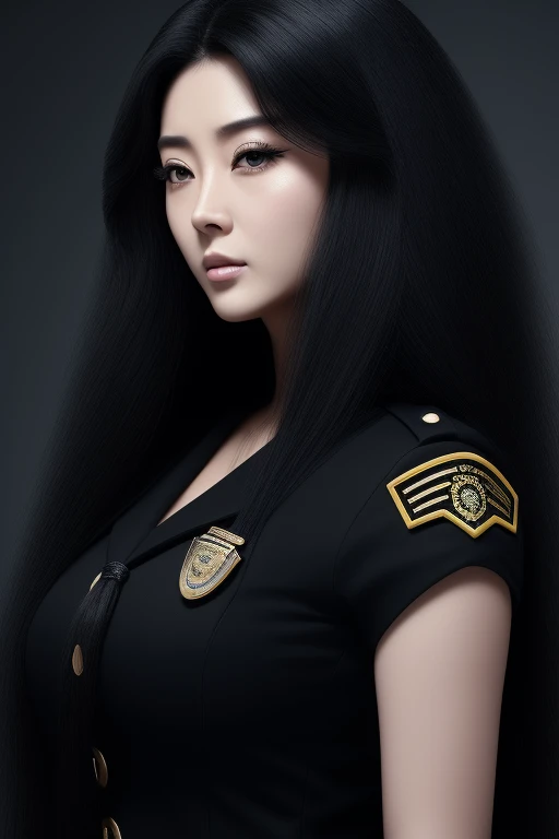 jet black hair,most very long hair,most very lion hair,most very wolf hair,most very frizzy hair,coarse hair,most very spread hairstyle,thick hair,fluffy hair,most very heavy weight hair,most very voluminous hair,shiny jet black hair,female jail officer,bl...