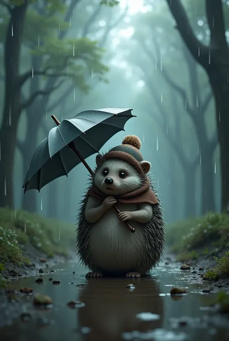 3d
1 standing big hedgehog with woolen hat and scarf and opened umbrella with sad face stands in the middle of a puddle in the rain and storm in the forest 
Bad weather mood 