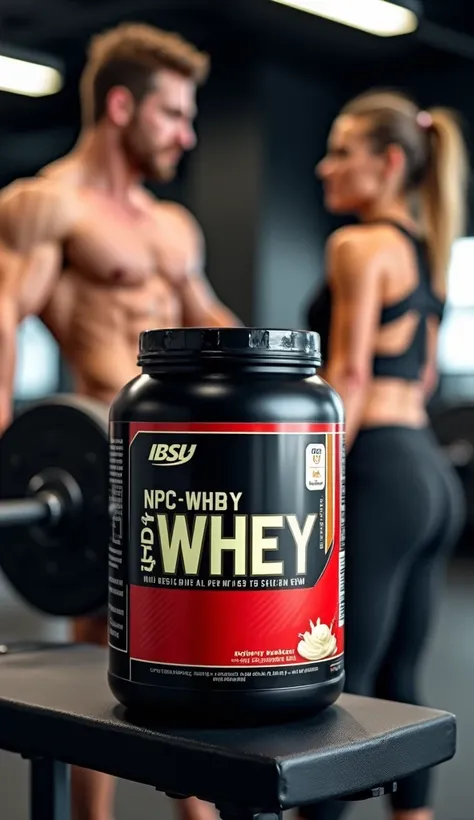 A hyper-realistic 3D image featuring a premium Whey Protein jar placed on a gym bench. In the background, a man and a woman are engaged in weightlifting with focused expressions, creating an energetic atmosphere. The product design highlights its benefits,...