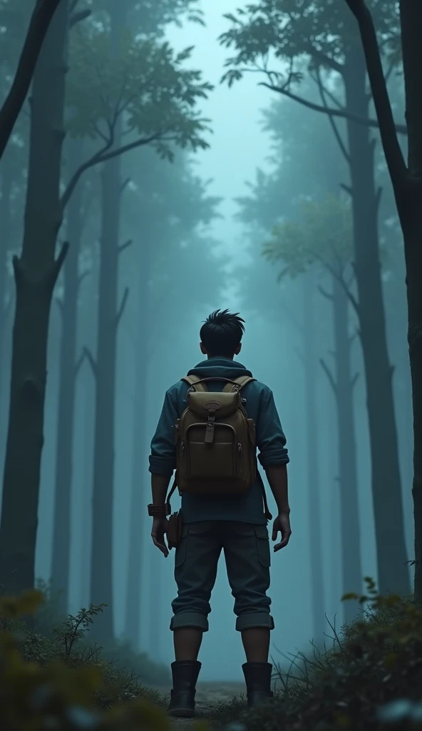 young man (Arif, 6-feet tall) with short dark hair and a rugged, adventurous look, standing at the edge of a dense, dark forest. His confident stance shows determination as he prepares for a journey. The forest is filled with eerie mist, setting a mysterio...