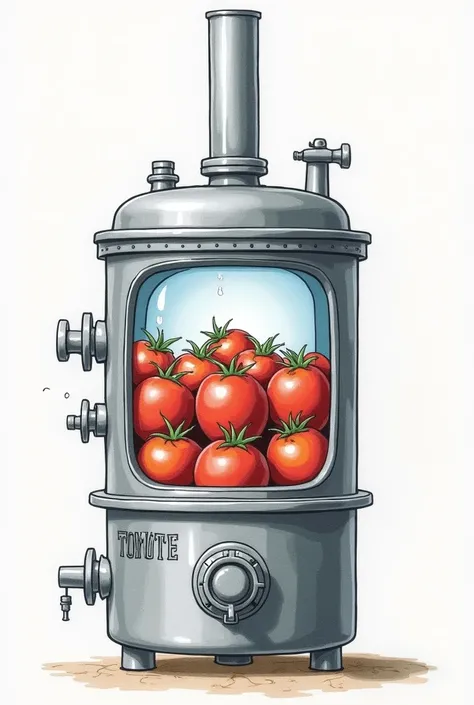 Make a schematic drawing of an autoclave that is sterilizing cans of tomato paste and has a cooling tower to cool this water, The autoclave must have an opening on the side to see the cans of tomato paste and the water inside