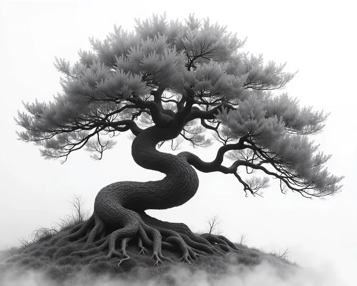 high quality, 8K Ultra HD, A beautiful double exposure twisted old japaness tree in a black and white art 