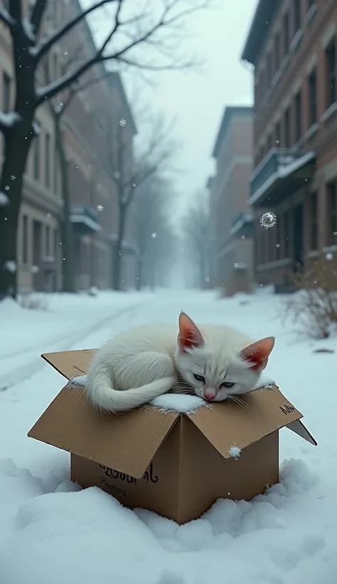 A poor skinny white kitten sleeping in a box on a snow-covered street