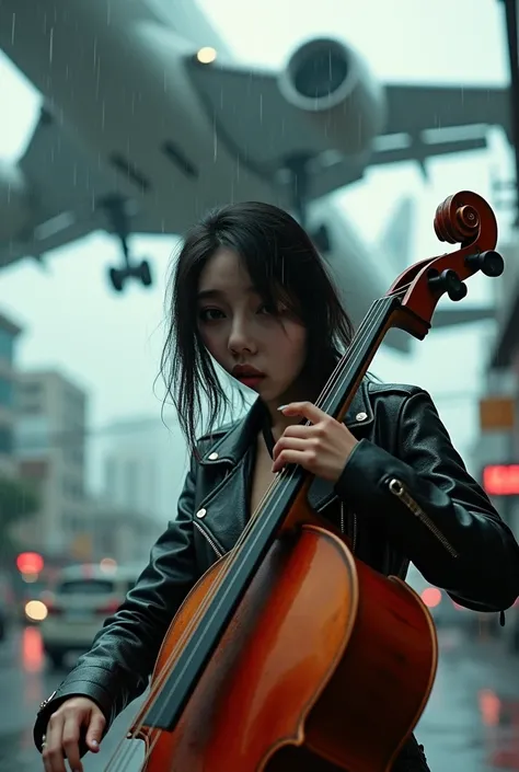 A 28-year-old Chinese-Latin American woman in a cool leather biker outfit plays the cello in the middle of a busy and traffic-clogged street on a rainy and stormy day in Bangkok in 2030. The background is the undercarriage of a giant passenger plane flying...