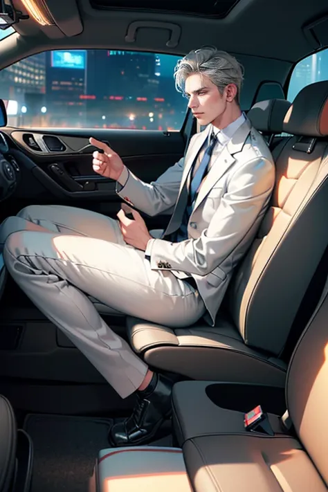 (1 man, 31 years old, CEO in a grey suit, sleeping in a car, full body shot, expression of love, photorealistic, 8k, high definition, masterpiece, ultra-detailed, hyper-realistic, studio lighting, physically-based rendering, extremely detailed, vivid color...