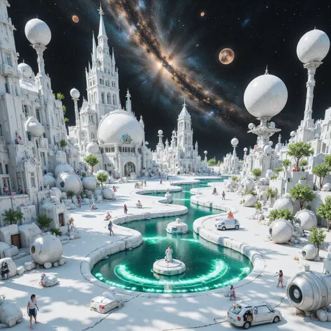 A surreal alien landscape with a white glossy terrain filled with technological parts and intricate nature that reflect the stars and nebulas from the sky. In front of us its the outskirts of a big futuristic high-tech alien city, the buildings are glossy ...