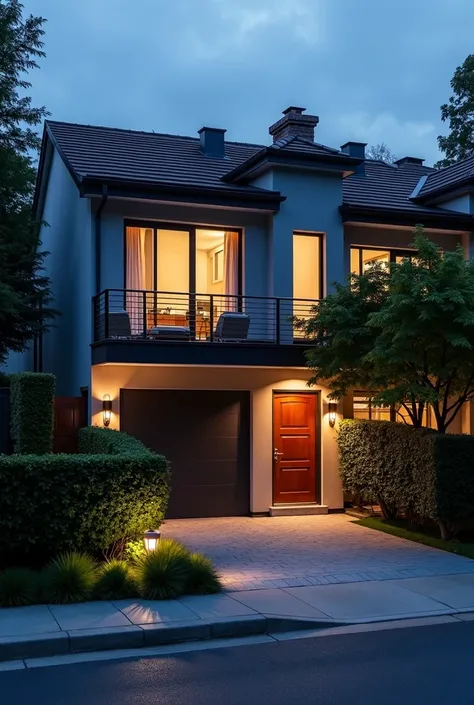 a person leaving a terraced house with garage and entrance at night,  a photo colored by Robert Richenburg , shutterstock, modernism, casa suburbana,  high quality image ,  rendered in high quality, peaceful suburban scene ,  high-quality photo , house in ...