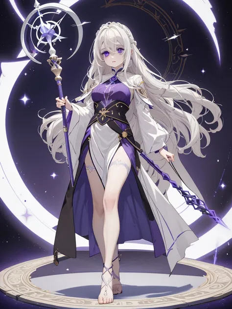 masterpiece,  best quality,(( 1 adult woman)), wavy white hair up to the waist , ( white skin), purple eyes,((( Detailed Eyes ))),Thin eyebrows,dark purple dress with slits,Mid-length bangs ,Magic circle shining behind , holding a long staff facing forward...