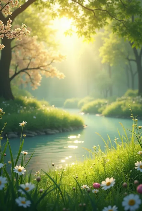   The brightness of the rising sun on spring morning shines through the spaces between the leaves.，Create a warm atmosphere near a river The rising sun ， sheds soft light ， Creates a peaceful atmosphere in the early morning ， The grass is covered in crysta...