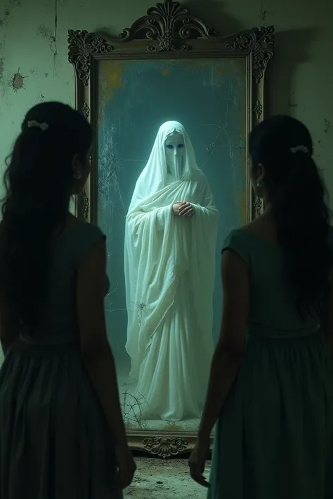 : "A dusty, cracked mirror in the corner of

a haunted room. Reflected in the mirror is a ghostly woman in a white saree with no face, her form glowing faintly. The real individuals standing in front of the mirror look shocked and terrified."