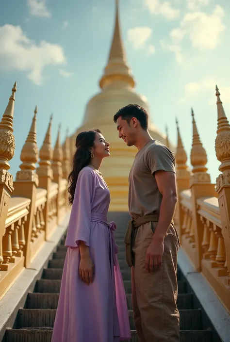 Cute, lovely, beautiful Myanmar woman who look like Korea actress joy wearing a light purple Myanmar longyi met a Myanmar village tall man with big muscle, tan and handsome wearing a dirty T shirt and longyi at Shwedagon pagoda escalator Myanmar 
