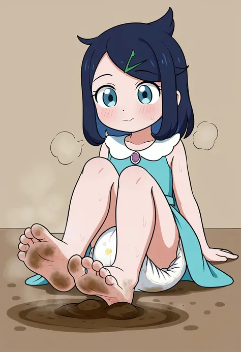 masterpiece, best quality, highres, liko as a toddler, girl sitting, wet diaper, very cute, adorable, curious, barefoot sole, foot focus, dirt, smelly, stinky, steamy, sweaty