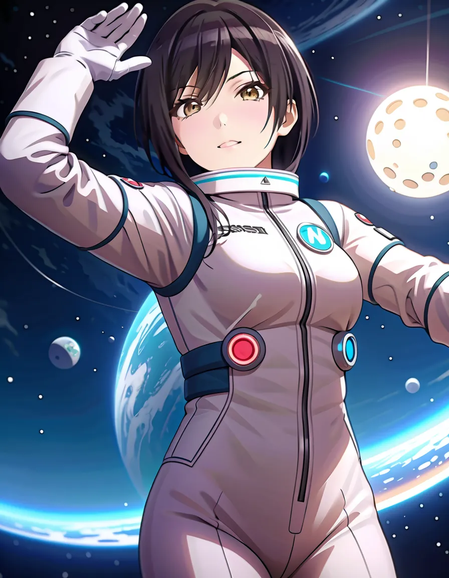 (spacesuit:1.15), white cargo pants, astronaut)bubble helmet, space helmet, white gloves , , looking close at you, outer space, ...