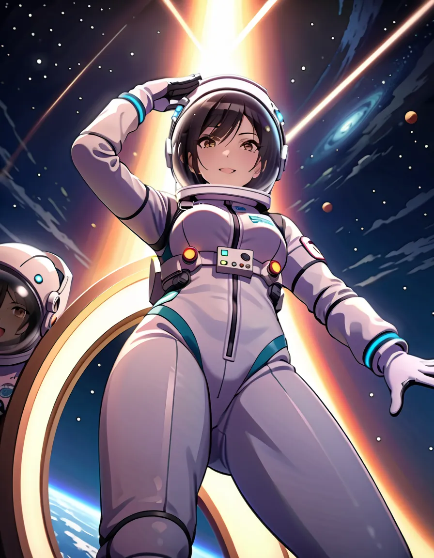 (spacesuit:1.15), white cargo pants, astronaut)bubble helmet, space helmet, white gloves , , looking close at you, outer space, ...