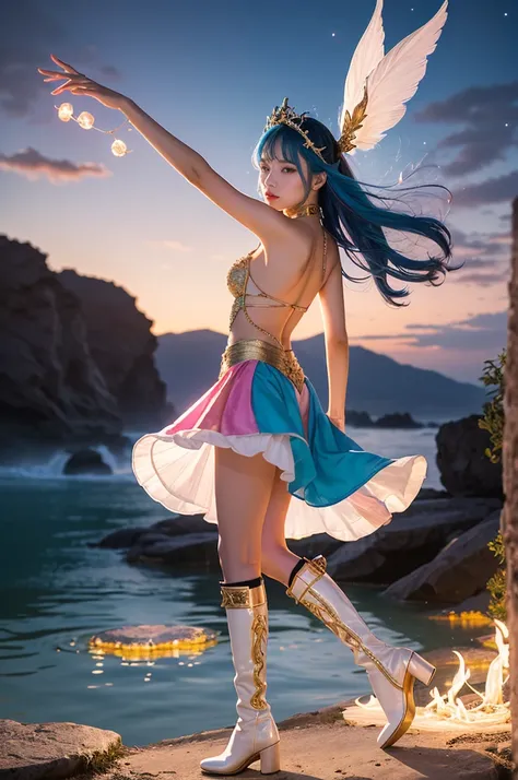 ② Create an illustration of Zhu Bajie reimagined as the ultimate magical girl, exuding charm and mystical energy. She is depicted dancing gracefully, her movements accentuated by her flowing attire. Her hairstyle features striking water-blue hair styled in...