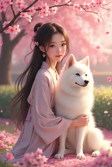 Cherry blossoms are in full bloom in the garden 　Japanese woman, beautiful and cute woman with brown, semi-long hair　 has a cute white Samoyed dog next to her