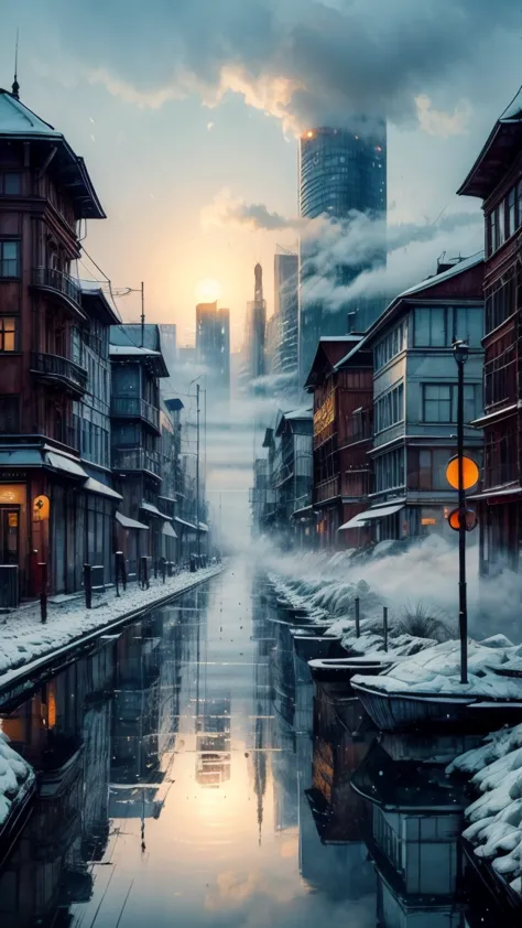 masterpiece, best quality, reflection of city, water, city, (fog:1.3), snow