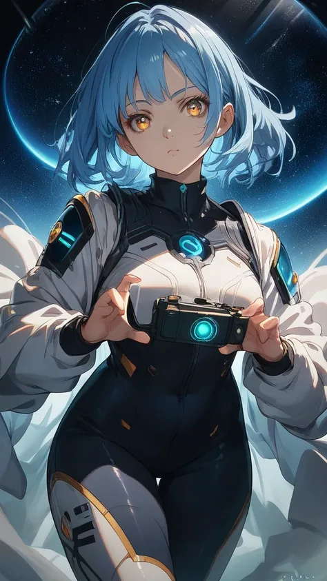 looing at camera, straight pose, front view A mysterious anime girl with chin-length blue hair and glowing amber eyes, 
dressed in a dark, black and silver space suit with reflective shoulder 
plates and intricate designs. 
gazing intently at the viewer. 
...