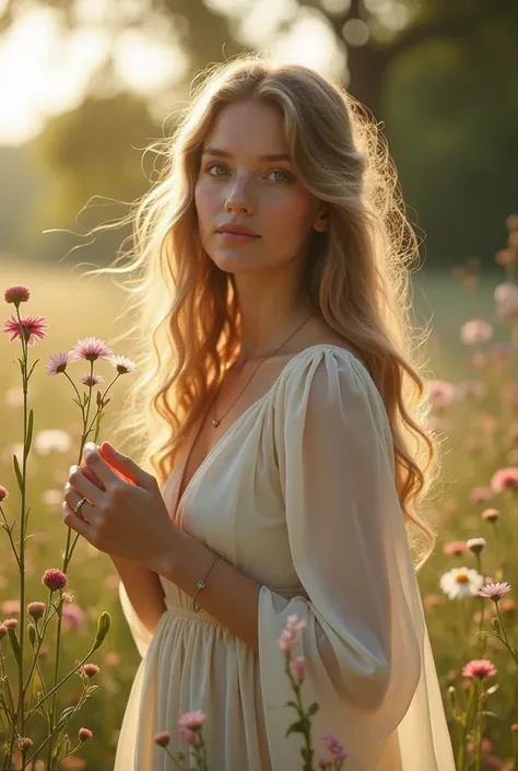 **[Subject]** - A young woman representing the Maiden archetype, with delicate features, fair skin and bright eyes that express innocence and hope. Her hair is long and loose, slightly wavy, moving gently in the wind.
**[Details]** - She is dressed in a fl...