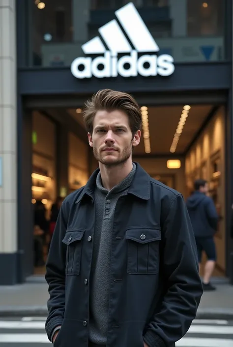 Andrew Garfield standing pic infront of Adidas store