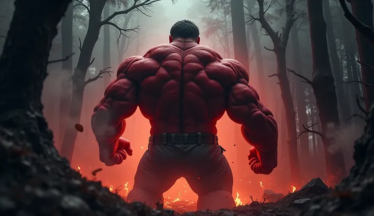 Create an ultra-realistic, high-quality image of Red Hulk standing fiercely from a slightly behind angle in a dark, foreboding forest. The scene is set in a dense, shadowy forest with twisted, gnarled trees, and thick mist creeping along the forest floor. ...