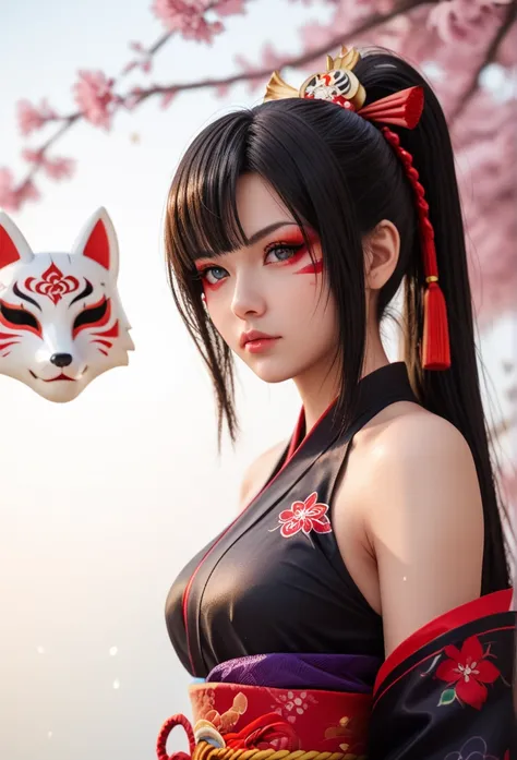 15-year-old student, 1若い girl, Very beautiful, Sparkle,1 girl,Alone,Fox Mask Template,Ninja clothing, japanese clothes,black, bare shoulders. girl, Long straight hair, 赤いハイライトのblack髪, bangs,  ponytail, A Fox Mask Template is on the head., Beautiful Makeup,...