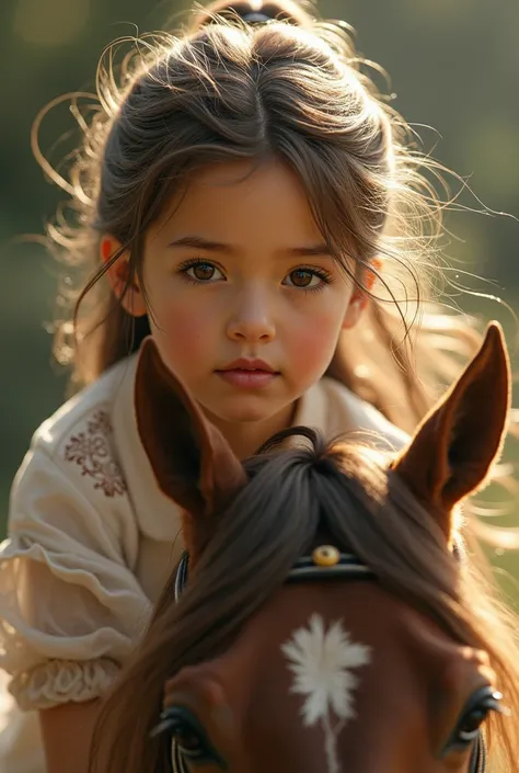 a realistic Young girl riding a horse, beautiful detailed eyes, beautiful detailed lips, extremely detailed eyes and face, long eyelashes, intricate detailed clothing, flowing hair, highly detailed background, cinematic lighting, photorealistic, 8k, best q...