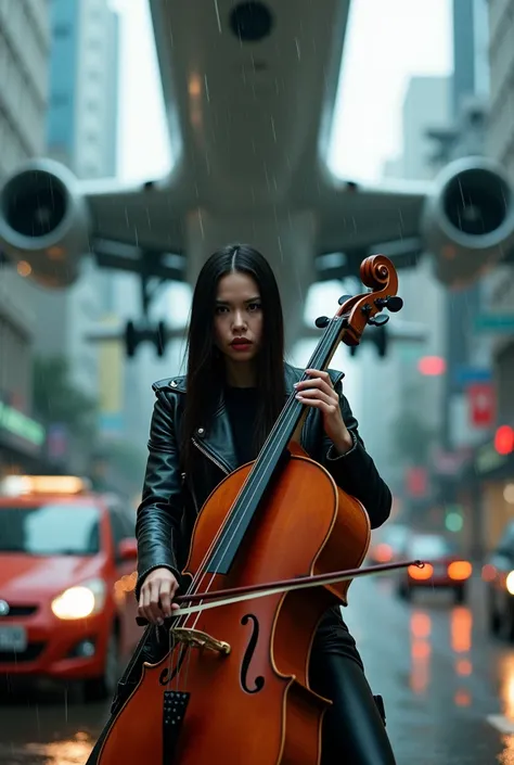 A 28-year-old Chinese-Latin American woman in a cool leather biker outfit plays the cello in the middle of a busy and traffic-clogged street on a rainy and stormy day in Bangkok in 2030. The background is the undercarriage of a giant passenger plane flying...