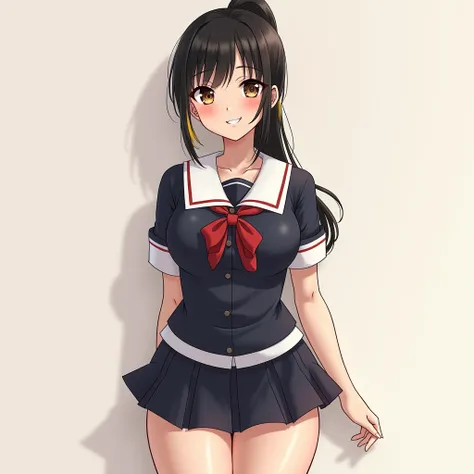 1girls, asanagi, bishoujo, student, teen, curvy, glamor, black hair, blonde hair, ponytail, lipgloss, long_eyelashes, brown_eyes, mole under mouth, big breasts, slender_waist, school_uniform, adapted_uniform, smile, best quality, amazing quality, very aest...