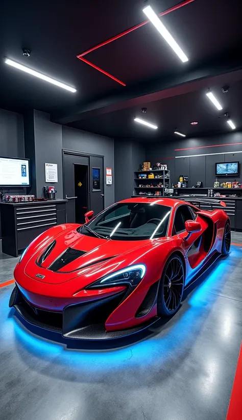 A modern, city-style garage with a clean and functional design. The walls are painted dark grey with red and blue accents along the edges. The floor is polished concrete with a glossy finish, and LED strips embedded in the flooring highlight parking spaces...