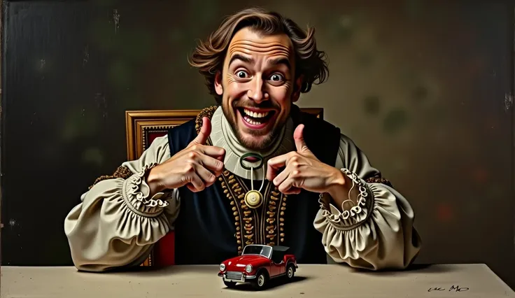 A surreal oil painting in the style of Jan Matejko, with a dark and dramatic tone. An adult man with a joyful, playful expression, imitating a silly and carefree , sits at a table. He wears ornate Renaissance clothing, yet his gestures are exaggerated and ...