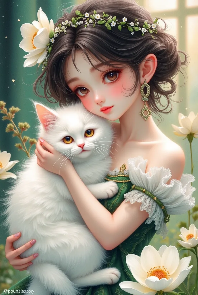 a close up of a woman holding a white cat in her arms, 金农的一幅细腻的画作, popular in the cg community , fantasy art, white cat girl, ve...