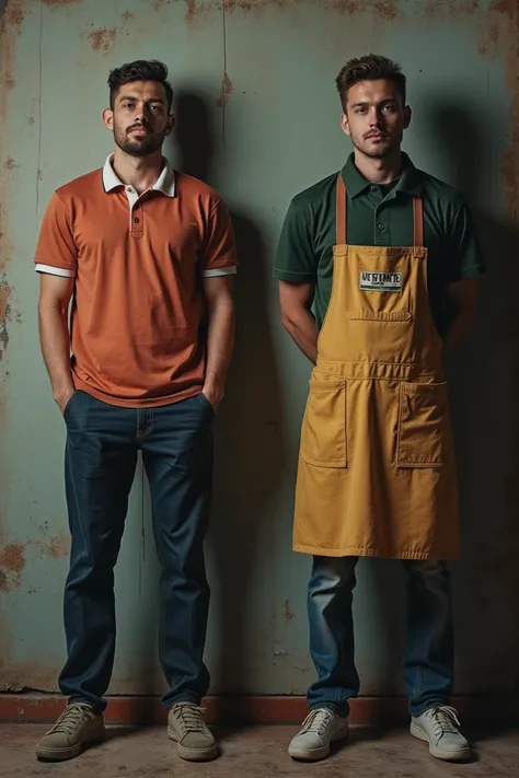 A montage with portraits of two men  (one of them in sportswear and the other with a janitors apron).  Each portrait could have a classic and dark style , with small visual clues .