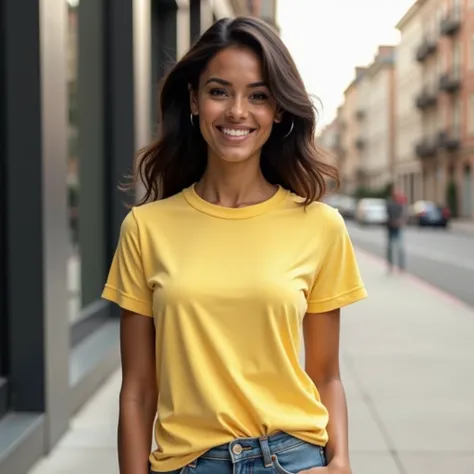  Create a realistic image of a mockup of a womens cotton t-shirt , light yellow, with rib collar .  The t-shirt is worn by a realistic woman with dark skin ,  with dark brown hair and a natural smile , in a relaxed and safe posture .  The background presen...