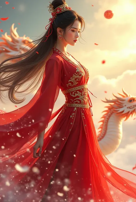 masterpiece, top quality, best quality, official art, beautiful and aesthetic:1.2), (1girl:1.4), yellow color long hair, red hanfu fashion, chinese dragon, golden line, (red theme:1.6), ultra-high quality, photorealistic, sky background, dynamic pose, icem...