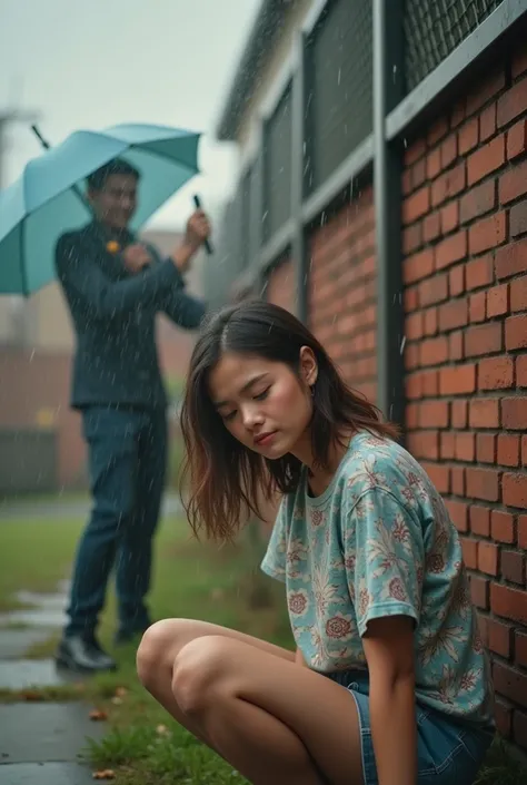 scene of a beautiful woman, sleepy face, wear abstract patterns tshirt, crouch down,  holding open umbrella ,   brick fence behind this woman . A man, Clean Face, 20 year old behind fence ,  watering her from above with a flower sprinkler, this man smiled ...