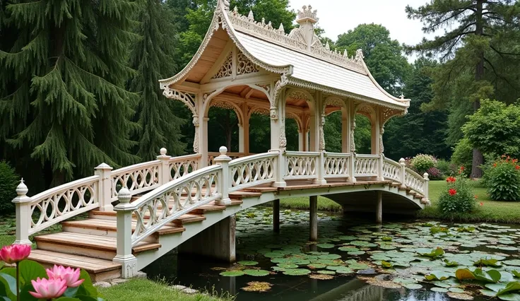 A wooden bridge with an intricate gingerbread trim roof, and lace-like patterns of ornamental woodwork used on the eave, gable, and edges.  The airy design and vintage style feature delicately carved railings that give it a light, open feel. The roof cover...