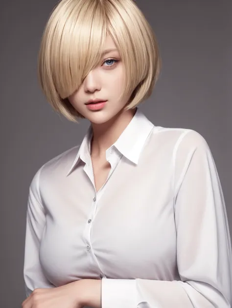 beautiful face woman, blonde bob cut hair, white collared long shirt tucked out, full body ,hair over one eye